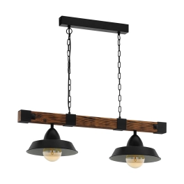 Podwójna, rustykalna lampa wisząca z czarnymi kloszami i drewnem