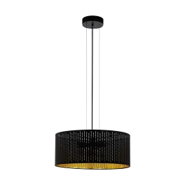 Klasyczna lampa wisząca z szerokim czarno-złotym abażurem, do salonu