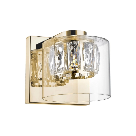 Dekoracyjna, złota lampa ścienna LED z kryształkami, idealna do sypialni