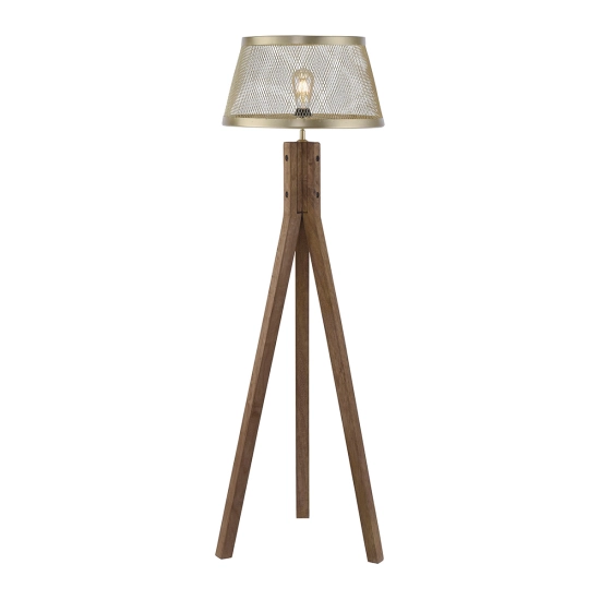 Nowoczesna lampa podłogowa, drewniany trójnóg z metalowym abażurem