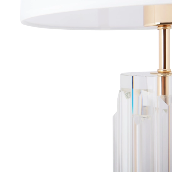 Biało-złota lampka stołowa ze szklaną podstawą, do eleganckiego salonu