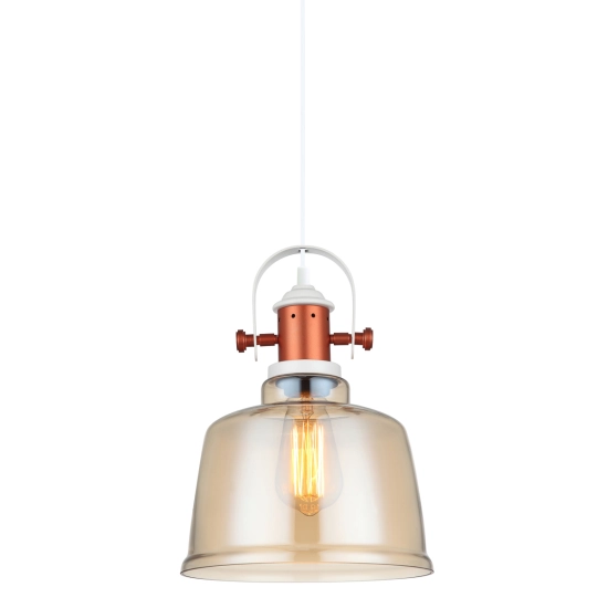 Szklana, industrialna lampa wisząca z miedzianym zdobieniem, do kuchni