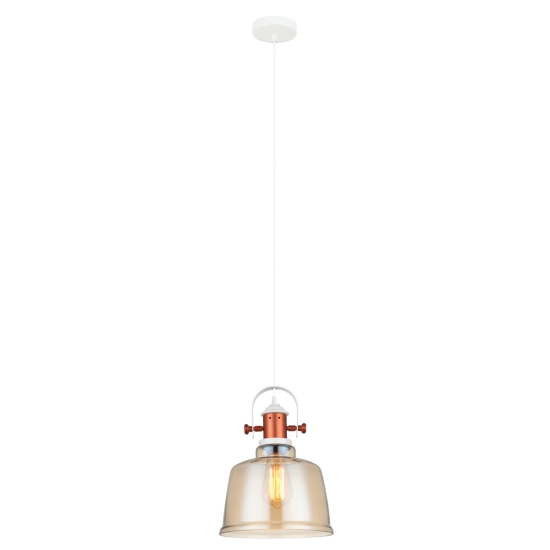 Szklana, industrialna lampa wisząca z miedzianym zdobieniem, do kuchni