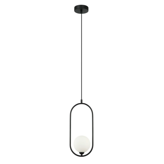 Minimalistyczna, czarna lampa wisząca z mlecznym, okrągłym kloszem