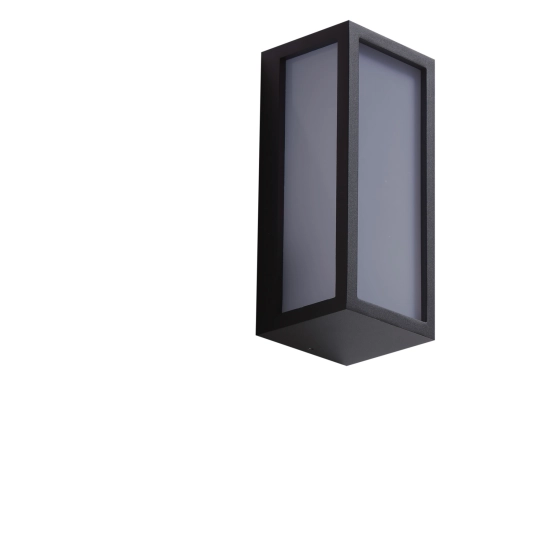 Czarna, zewnętrzna lampa ścienna w kształcie prostopadłościanu