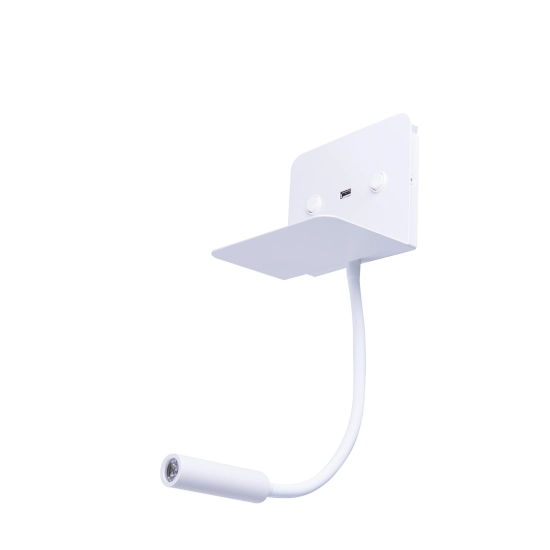 Nowoczesna, biała, ledowa lampa ścienna z gniazdem USB i półeczką