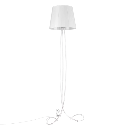 Elegancka lampa stojąca do salonu z dużym, białym abażurem