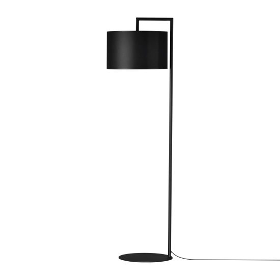 Minimalistyczna lampa podłogowa z okrągłym, czarnym abażurem