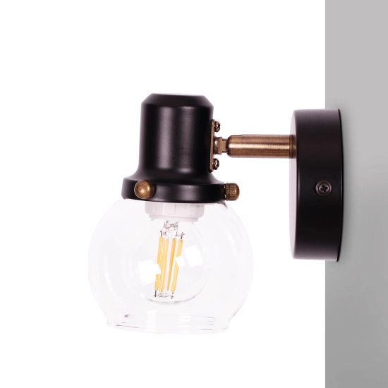 Czarna lampa ścienna w stylu loft z przezroczystym okrągłym kloszem