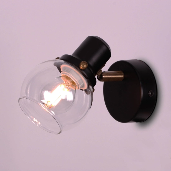 Czarna lampa ścienna w stylu loft z przezroczystym okrągłym kloszem