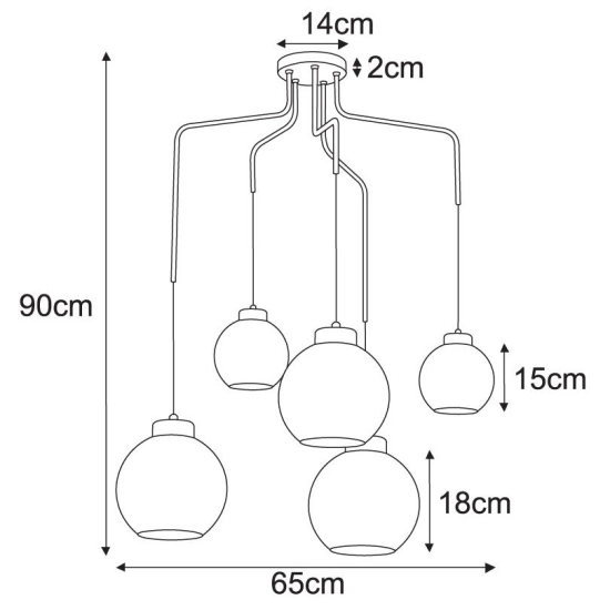 Pięcioramienna czarna lampa sufitowa z przyciemnianymi kloszami