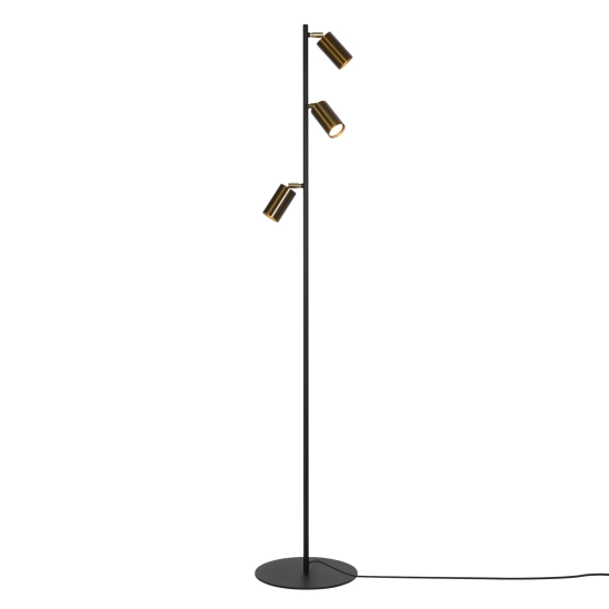 Nowoczesna lampa podłogowa z trzema złotymi kloszami w kształcie tuby