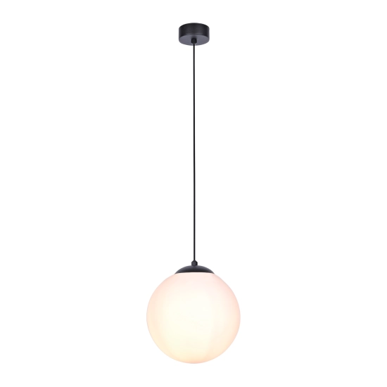 Czarna minimalistyczna lampa wisząca z dużym białym okrągłym kloszem