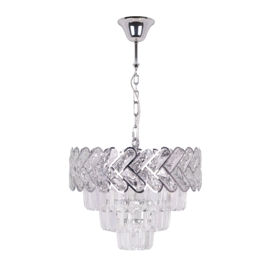 Srebrny, regulowany żyrandol z dekoracyjnym wzorem z kryształów