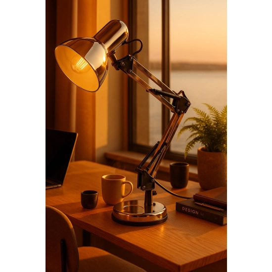 Lampka biurkowa w kolorze chromu, regulowany kąt świecenia