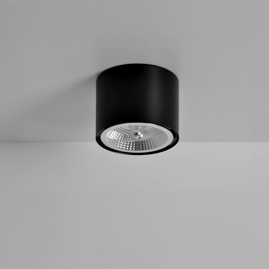Czarny spot natynkowy, kształt walca, na żarówkę z gwintem GU10 AR111