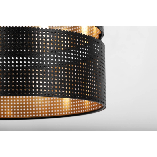 Lampa podłogowa, stojąca z podwójnym, czarno-złotym abażurem