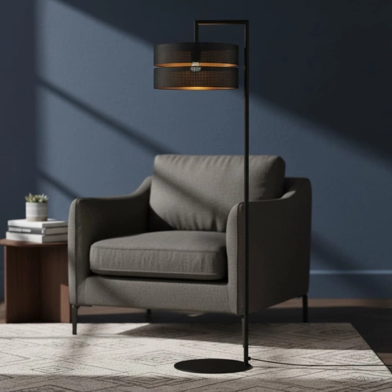 Lampa podłogowa, stojąca z podwójnym, czarno-złotym abażurem