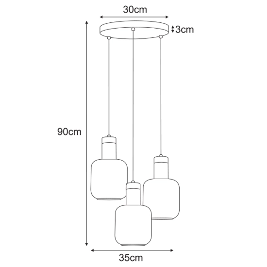 Lampa wisząca z trzema kloszami o dekoracyjnym kształcie