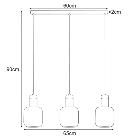 Podłużna lampa wisząca na listwie, trzy punkty świetlne, na żarówkę E27