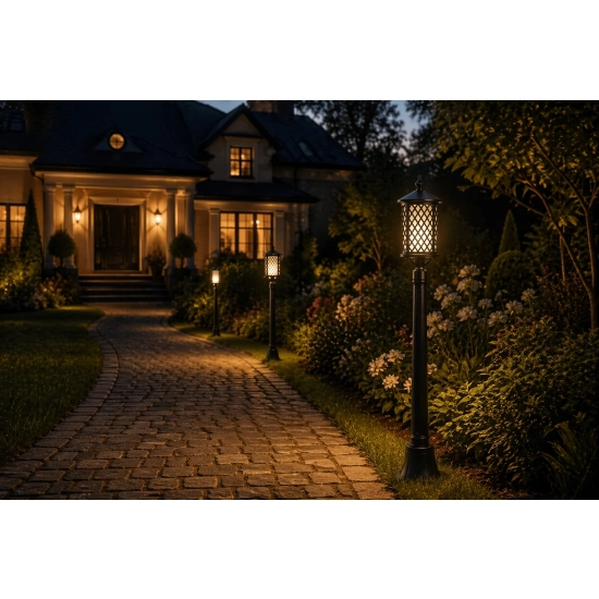 Czarna lampa stojąca, ogrodowa, oświetlenie alejek, na jedną żarówkę