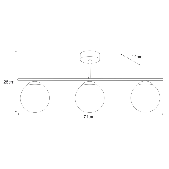 Potrójna lampa sufitowa z kloszami zamocowanymi w linii