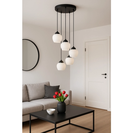 Pięciopunktowa lampa wisząca w kolorze czarnym z białymi kloszami ABRO