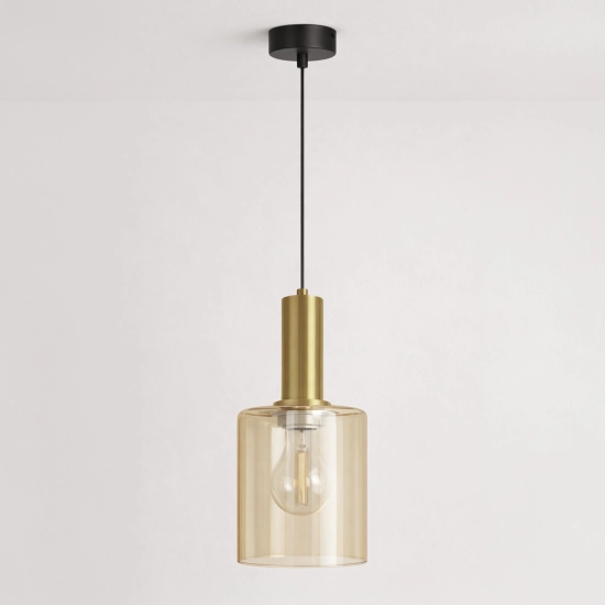 Wąska lampa wisząca z bursztynowym, otwartym kloszem, nad stół