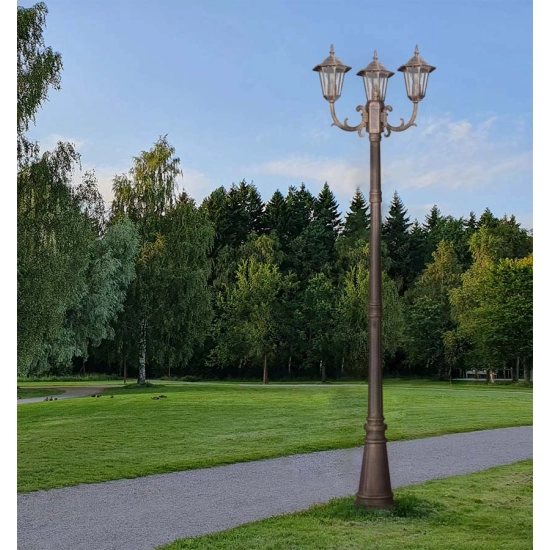Wysoka trójramienna lampa ogrodowa czarno-złota solidna latarnia