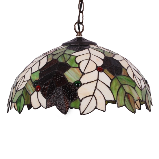 Lampa wisząca vintage na łańcuchu z witrażowym kloszem motyw liści
