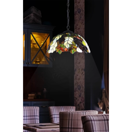 Lampa wisząca vintage na łańcuchu z witrażowym kloszem motyw liści
