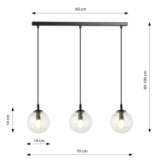 Lampa wisząca z trzema przezroczystymi kloszami na listwie