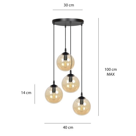 Efektowna lampa wisząca z bursztynowymi, kulistymi kloszami