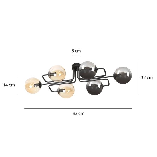 Dwukolorowa lampa sufitowa z sześcioma kloszami, czarny stelaż