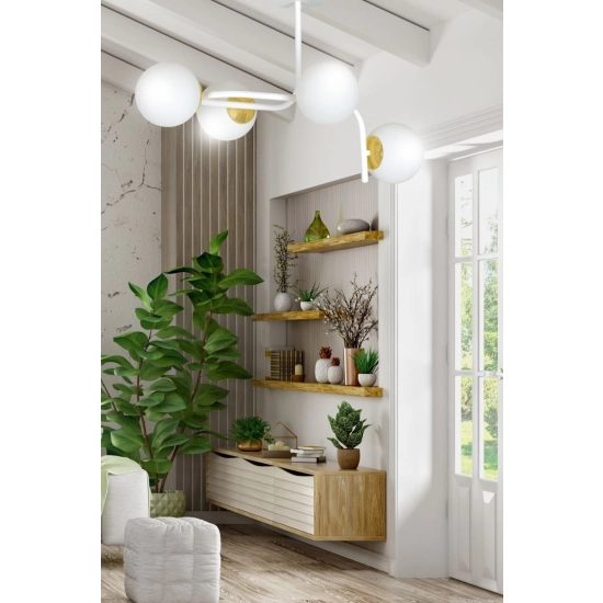 Trendy lampa sufitowa, złote elementy, białe, klasyczne klosze