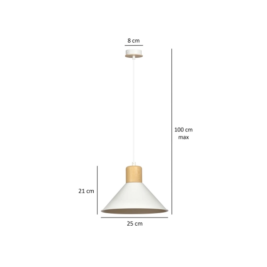 Minimalistyczna, biała lampa wisząca z drewnianą oprawką, do kuchni