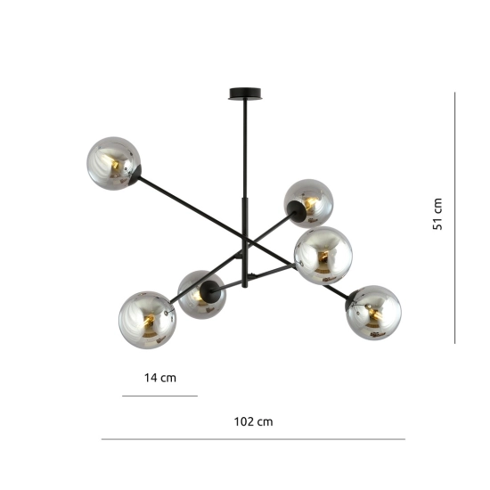 Industrialna, czarna lampa sufitowa z okrągłymi, ciemnymi kloszami