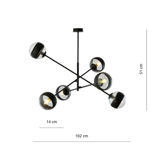 Rozłożysta lampa sufitowa z kulistymi kloszami z czarną obręczą