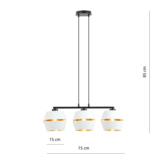Potrójna lampa wisząca z ażurowymi abażurami w kolorze bieli i złota