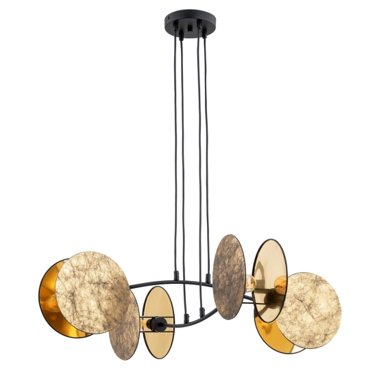 Ozdobna lampa wisząca z abażurami w formie złotych tarcz, do salonu