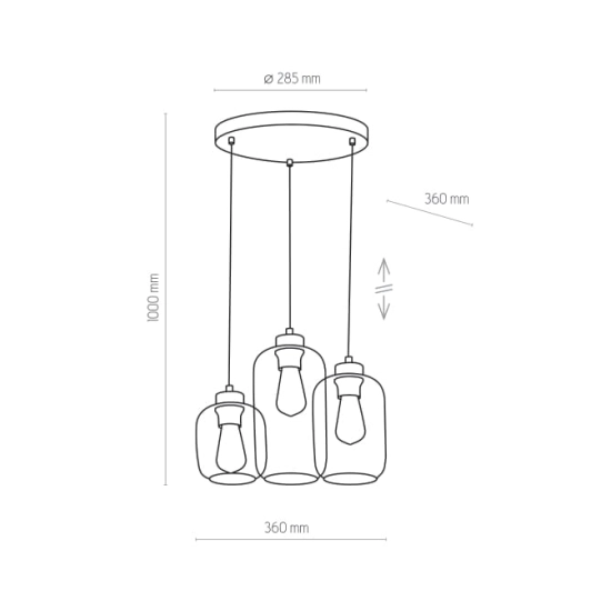 Lampa wisząca z trzema przydymionymi, niejednakowymi kloszami