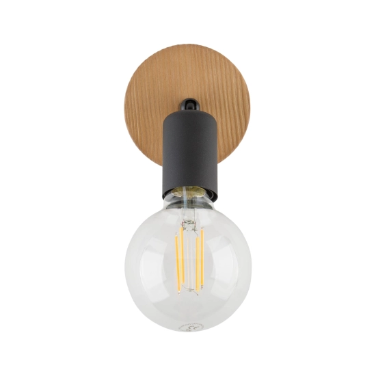 Czarna oprawka na żarówkę E27 na drewnianej podstawie, reflektor do holu