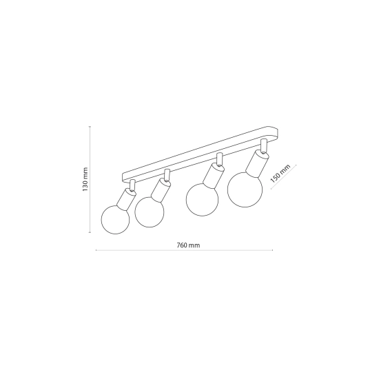 Drewniana listwa sufitowa z czterema reflektorami na dekoracyjne żarówki