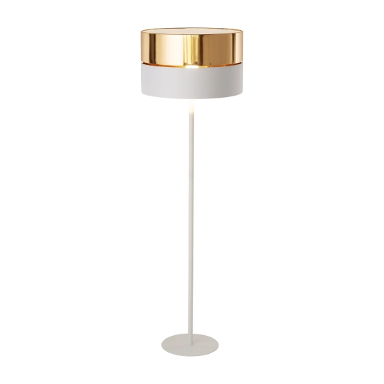 Klasyczna lampa podłogowa z biało-złotym, eleganckim abażurem