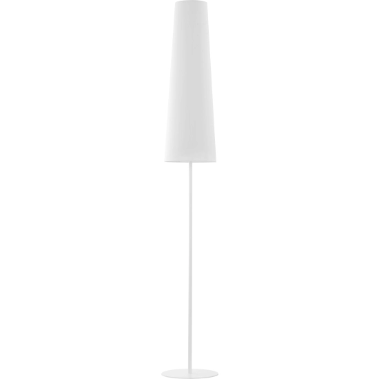 Wysoka lampa podłogowa z wąskim abażurem, w białym kolorze, do salonu
