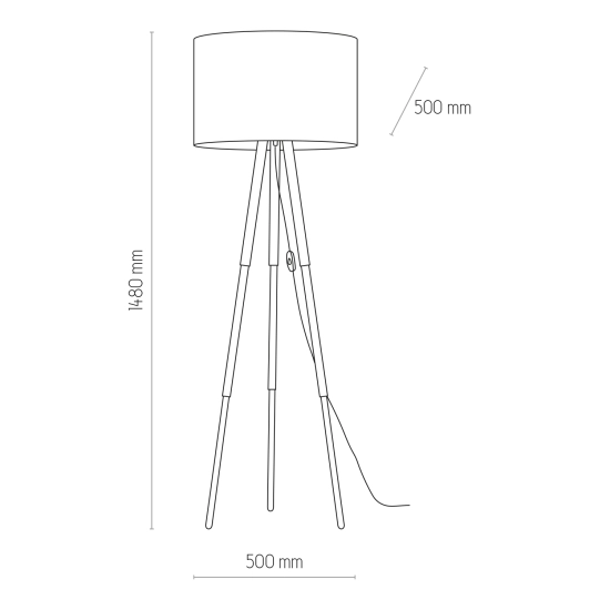 Lampa podłogowa z czarnym abażurem, na trzech drewnianych nogach