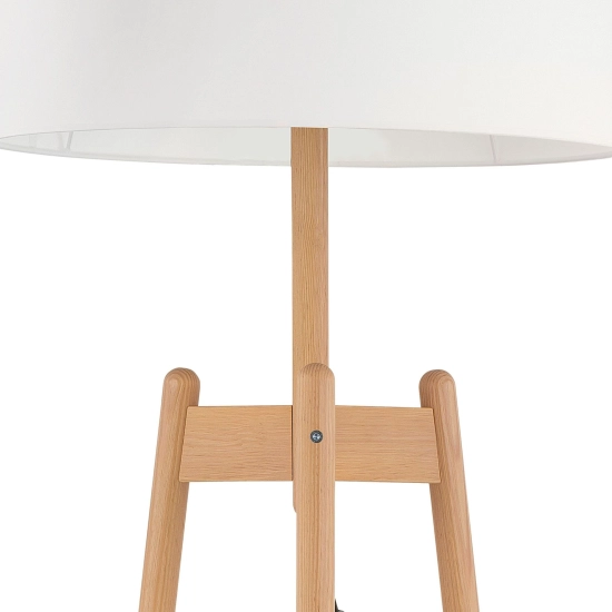 Ponadczasowa, drewniana lampa podłogowa z białym abażurem