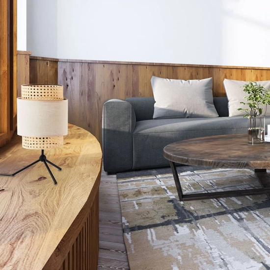 Lampka stołowa w stylu Boho z materiałowo-ratanowym abażurem