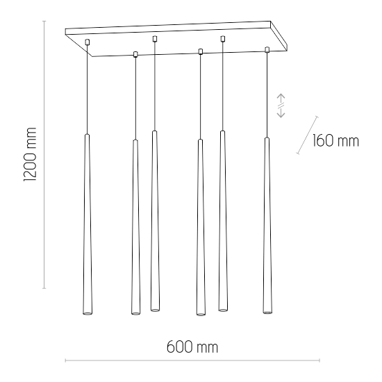 Lampa wisząca na prostokątnej podsufitce, z sześcioma złotymi tubami