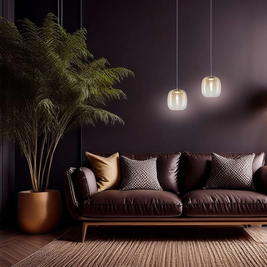 Lampa wisząca LED ze złotą podsufitką i bursztynowym kloszem